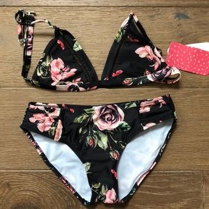 Brand new 2 piece swim suit, black pink floral sz7